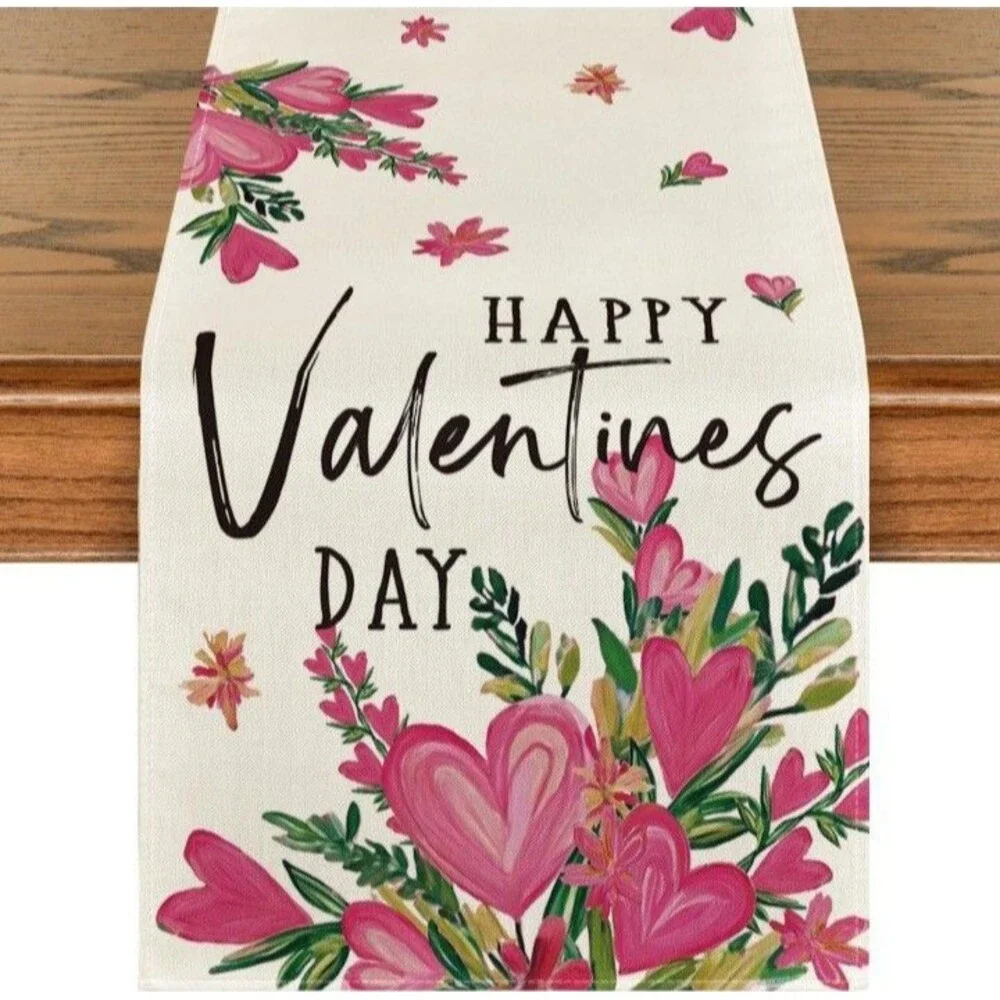 Artoid Mode Pink Heart Shaped Flowers 210 GSM Happy Valentine's Table Runner,...
